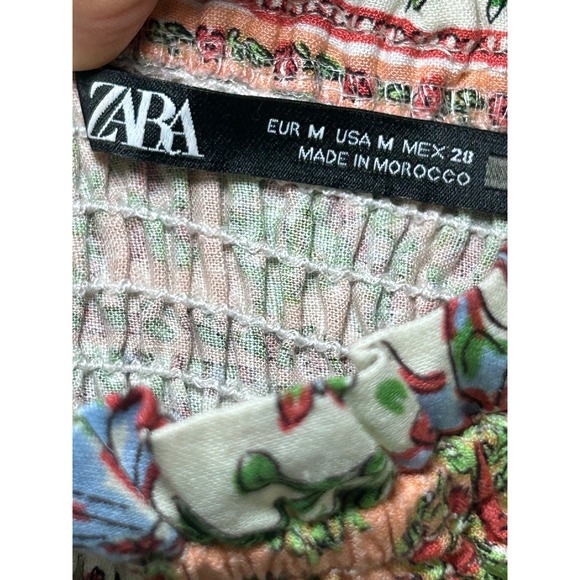Zara Smocked Crop Top Floral Print Linen Square Neck 3/4 Sleeve Blouse M - Picture 4 of 6